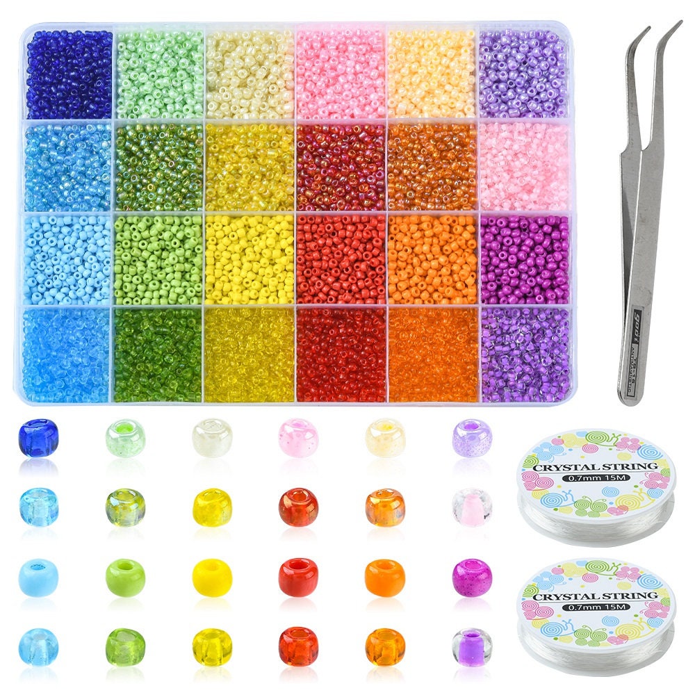 Stretch Bracelet Making Kit, Includes Round Glass Seed Beads, Tweezers, Elastic Thread