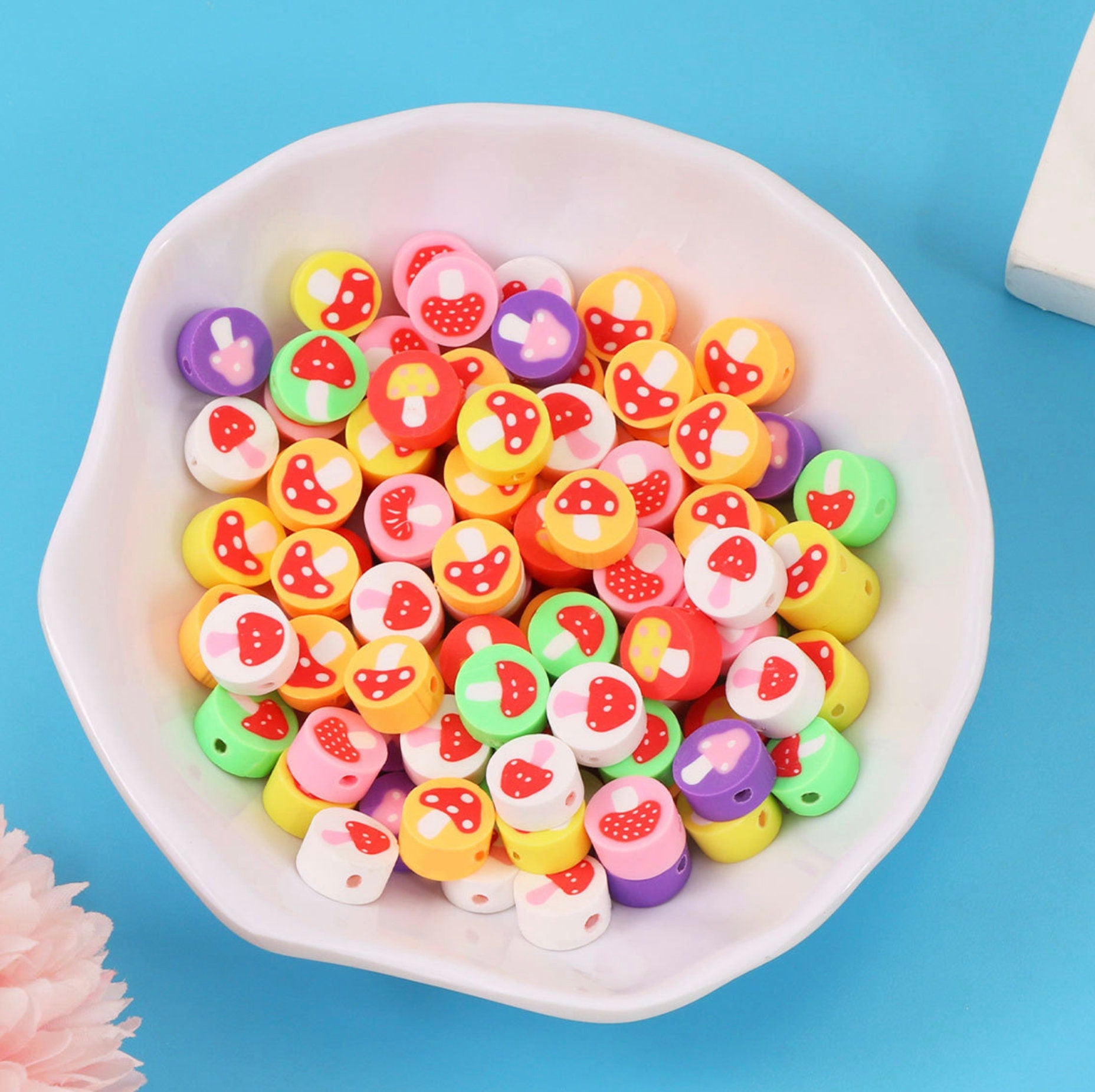 Colorful Mushroom, Vegetable Themed Polymer Clay Beads (9mm x 5mm, hole 2mm)