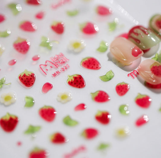 Jelly Colored Strawberry Flowers Field Themed Nail Art Stickers