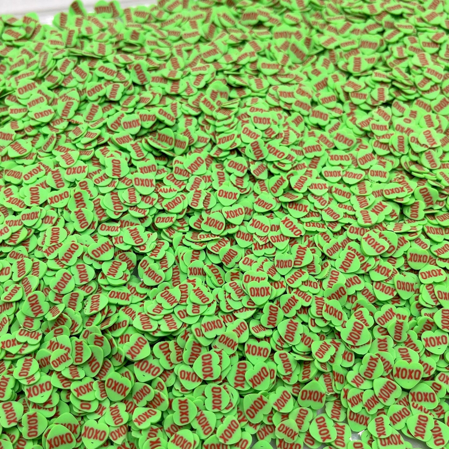 Fake, 5MM Green XOXO Valentine Candy Heart Polymer Clay Sprinkles (NOT EDIBLE) D18-06