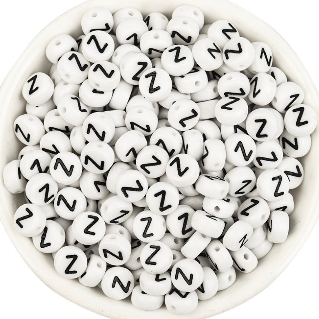 BLACK Letter A-Z Alphabet Individual Beads, White beads with Black Letters (7MM)