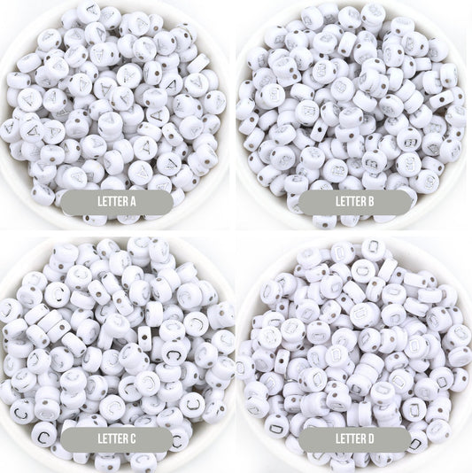 SILVER Letter A-Z Alphabet Individual Beads, White beads with Silver Letters (7MM)