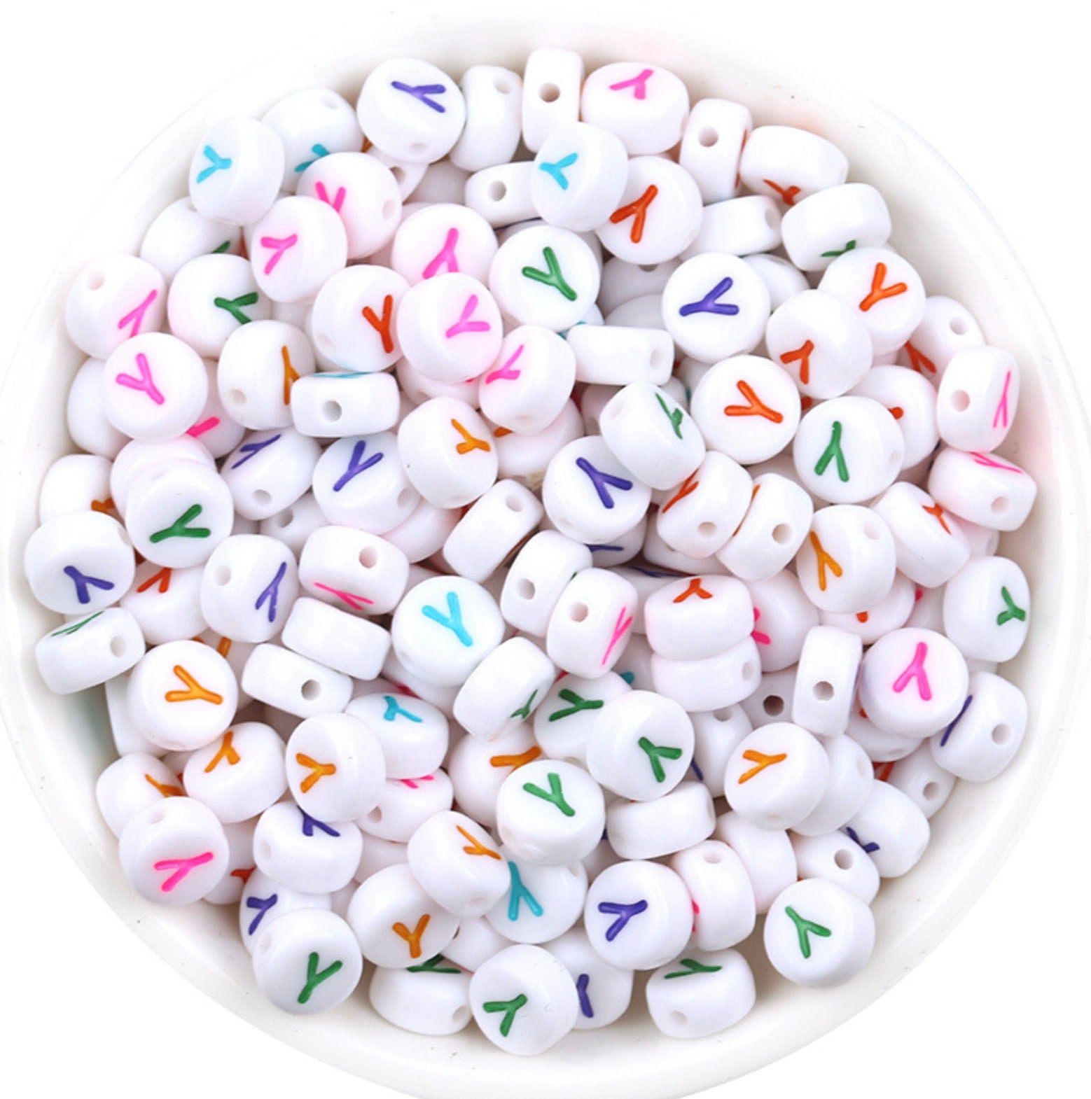 Mixed Color Letter A-Z Alphabet Individual Beads, White beads with Multi Colored Letters (7MM)