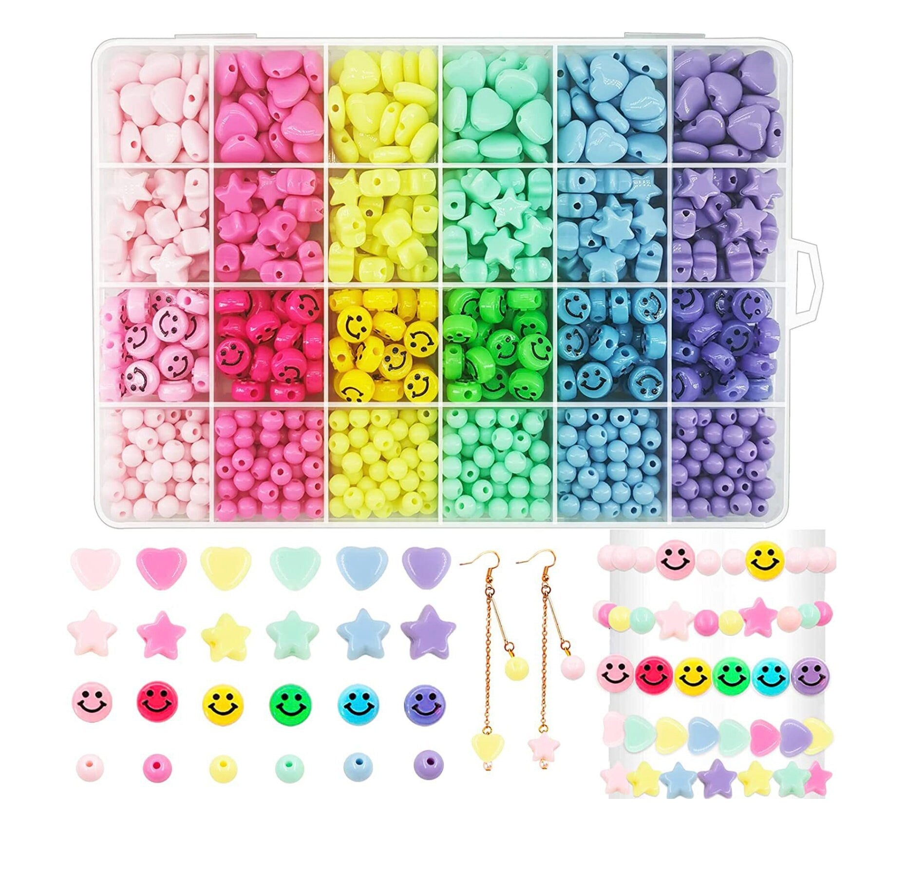 Rainbow Pastel Acrylic Star, Heart, Smiley, Round Bead Set, Kit