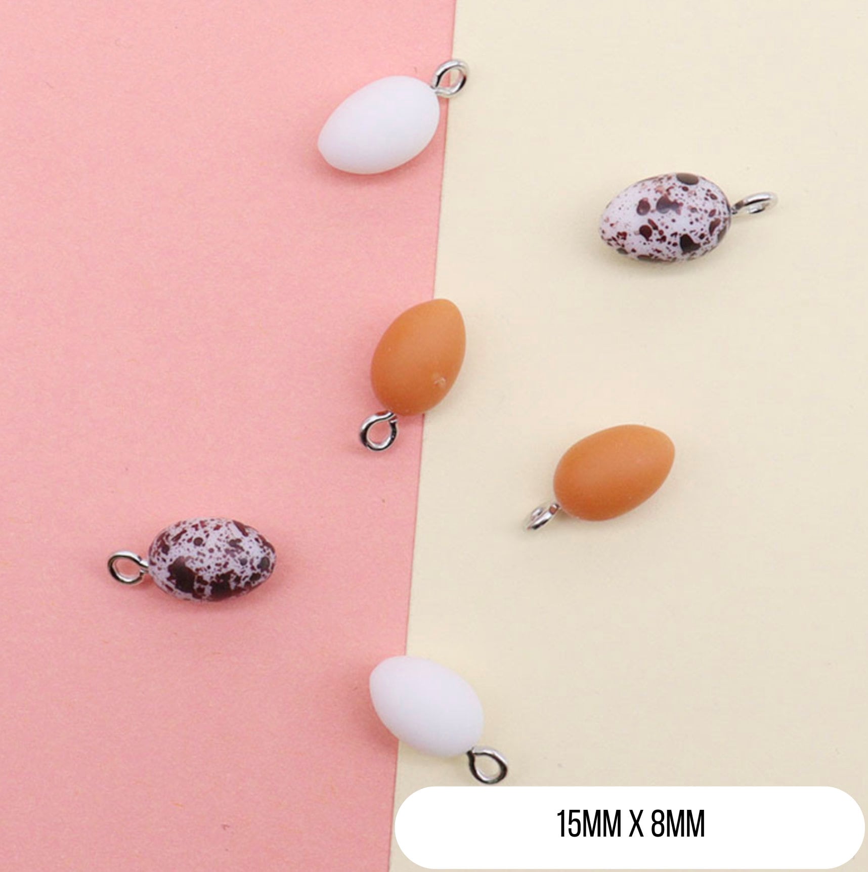 White, Brown or Speckled Whole Egg Themed Acrylic Charms with Silver Eyepins (15MM x 8MM)