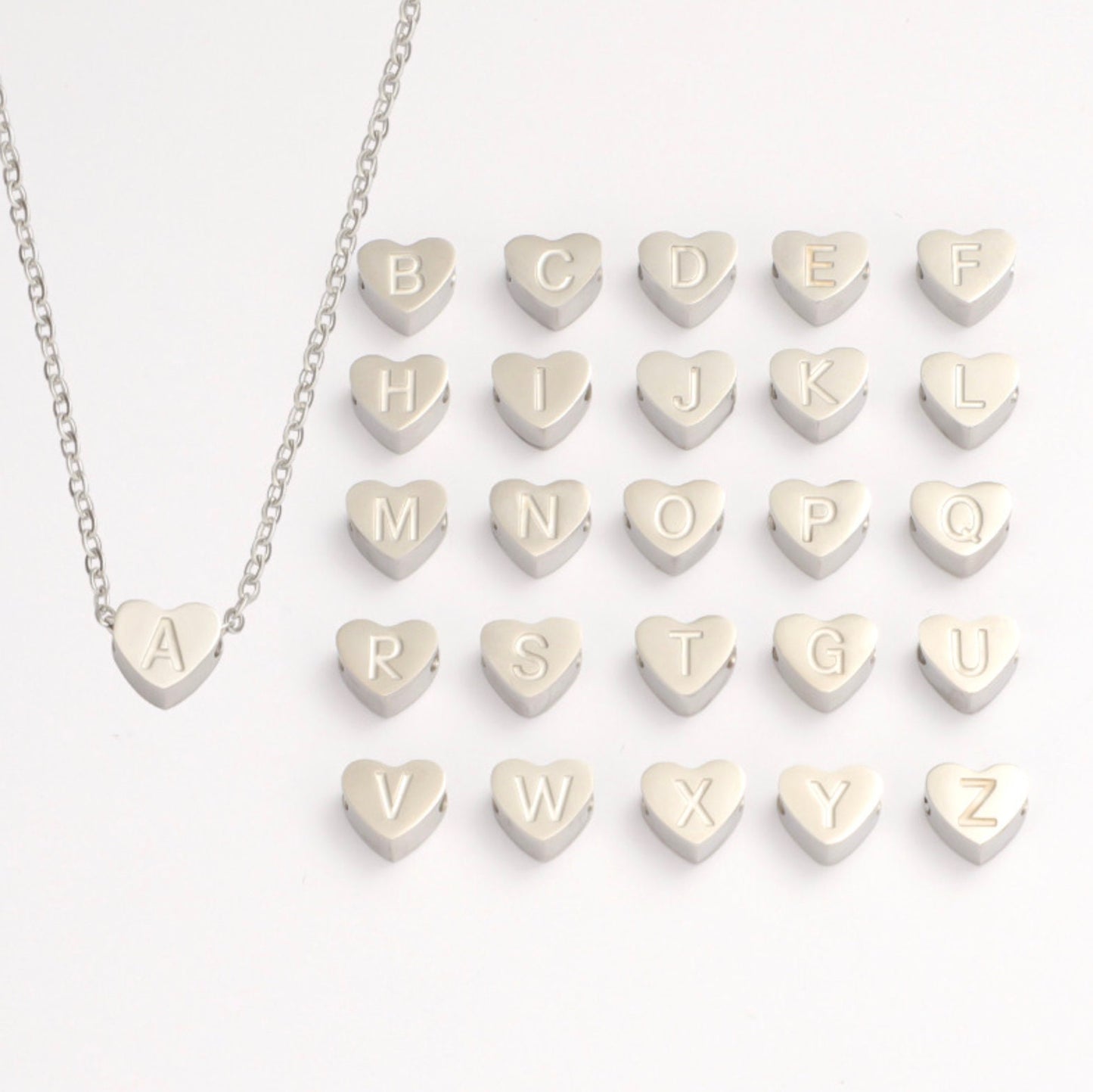 Individual Heart Shaped Titanium Alphabet Letter Charms (Comes with chain)