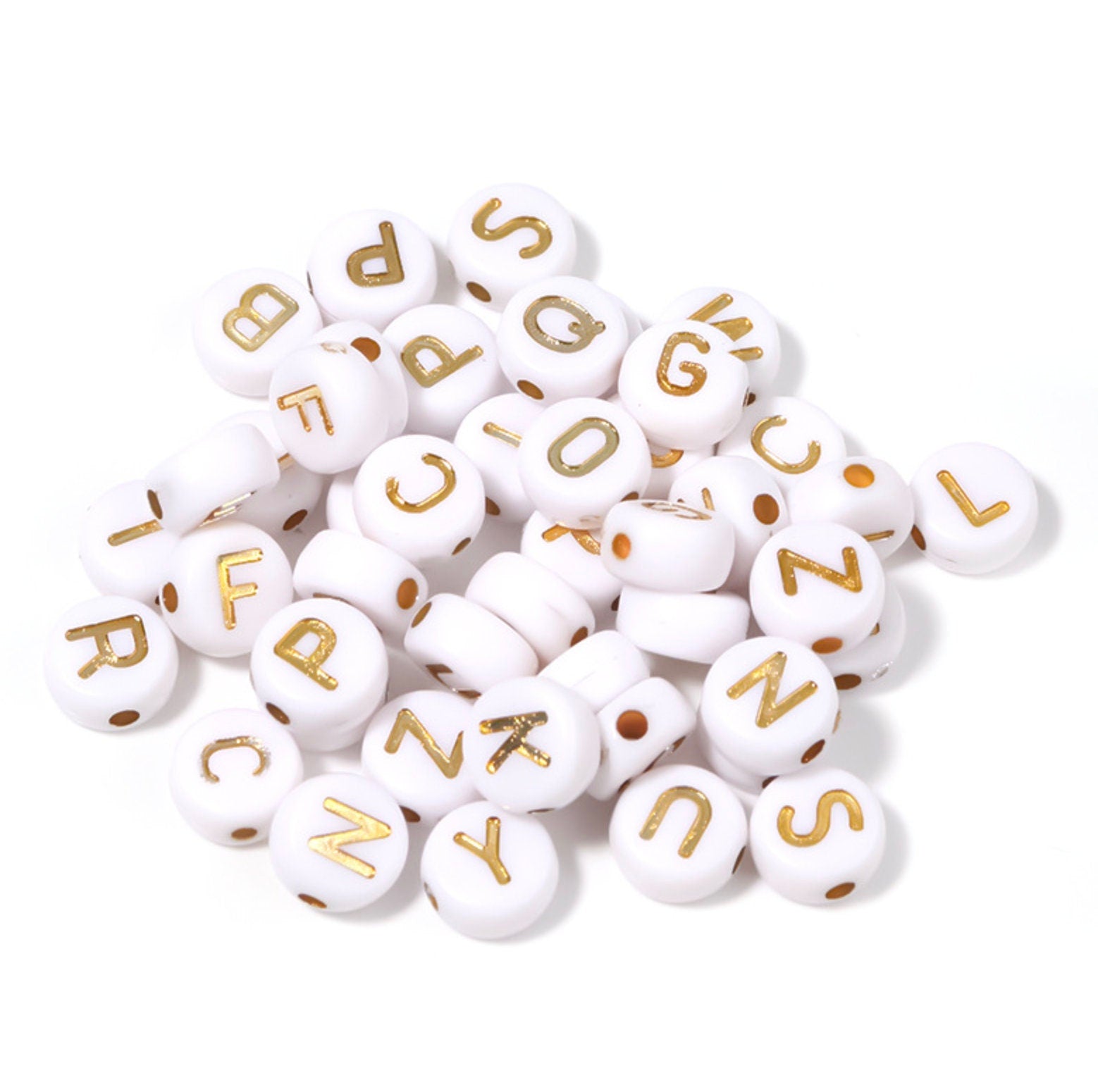 GOLD Letter A-Z Alphabet Individual Beads, White beads with Gold Letters (7MM)