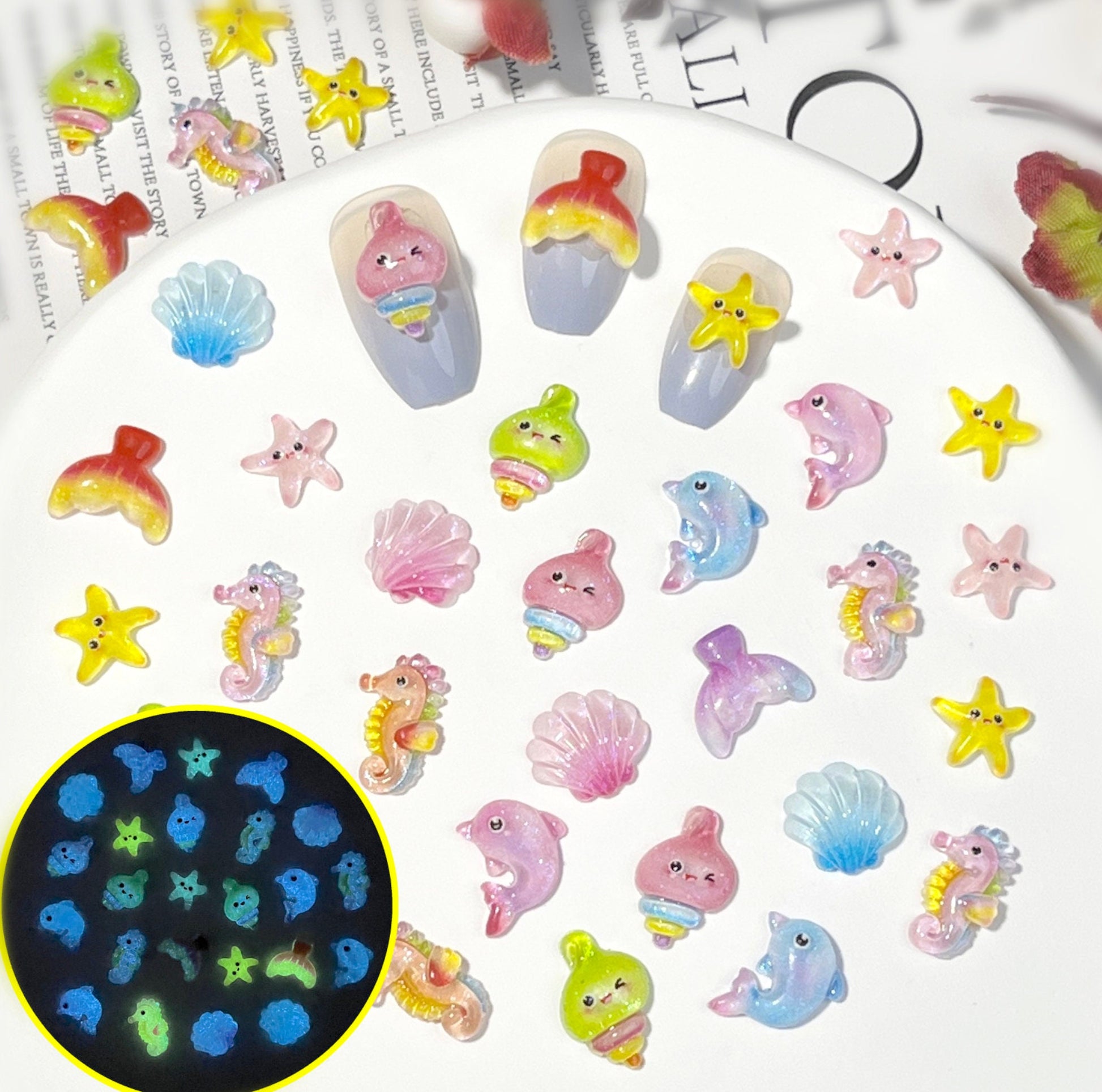 Glow-in-the-Dark Ocean Animals, Marine Life Themed 3D Nail Art Charms (Seashell, Dolphin, Mermaid Tail, Starfish, Conch, Seahorse)