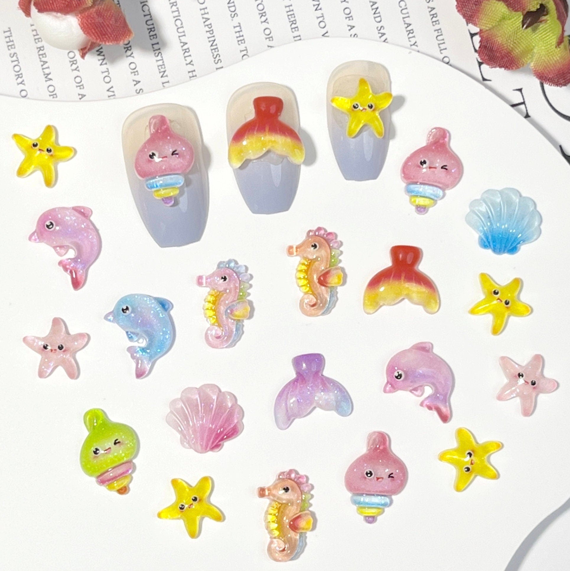 Glow-in-the-Dark Ocean Animals, Marine Life Themed 3D Nail Art Charms (Seashell, Dolphin, Mermaid Tail, Starfish, Conch, Seahorse)