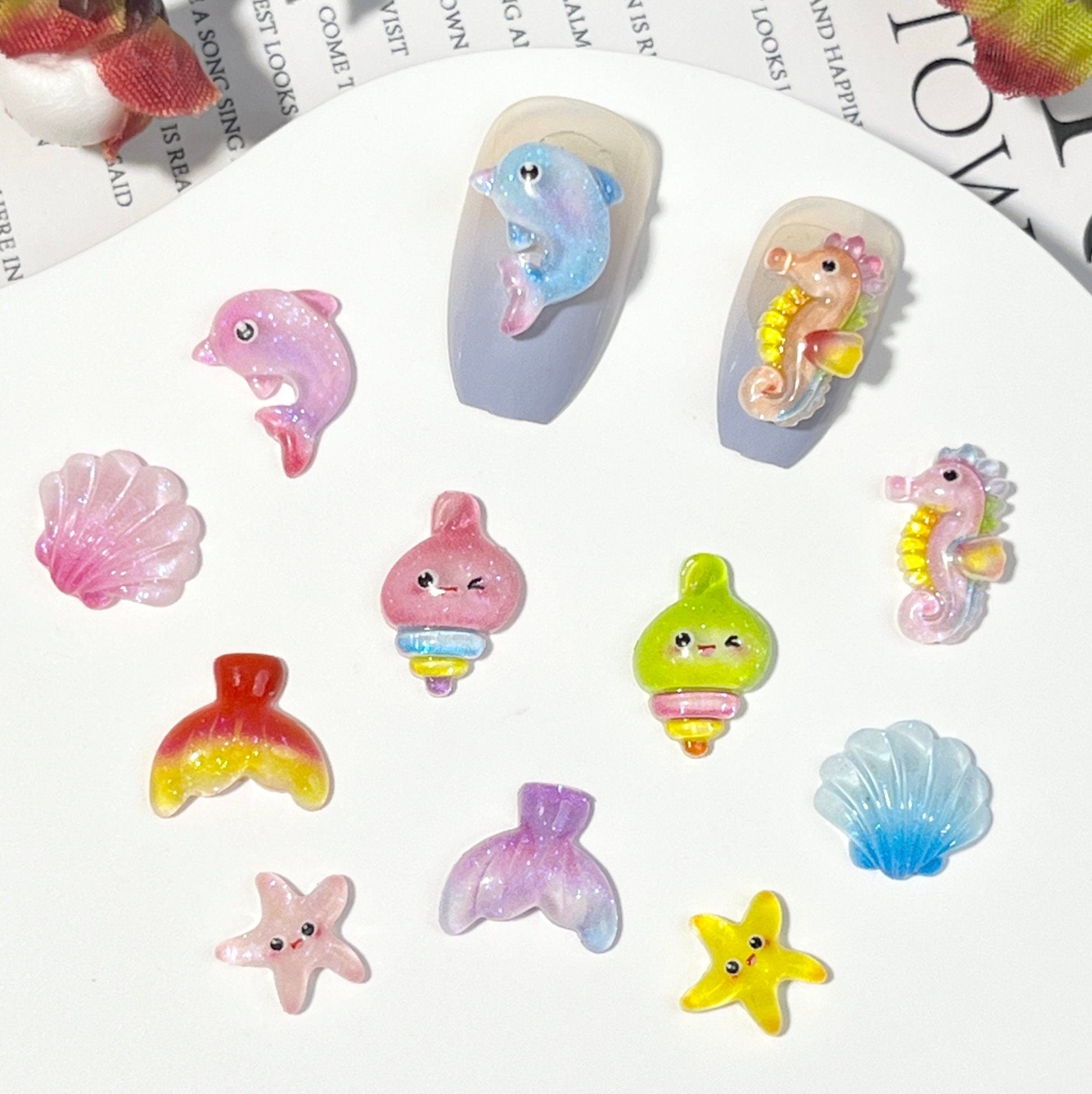 Glow-in-the-Dark Ocean Animals, Marine Life Themed 3D Nail Art Charms (Seashell, Dolphin, Mermaid Tail, Starfish, Conch, Seahorse)