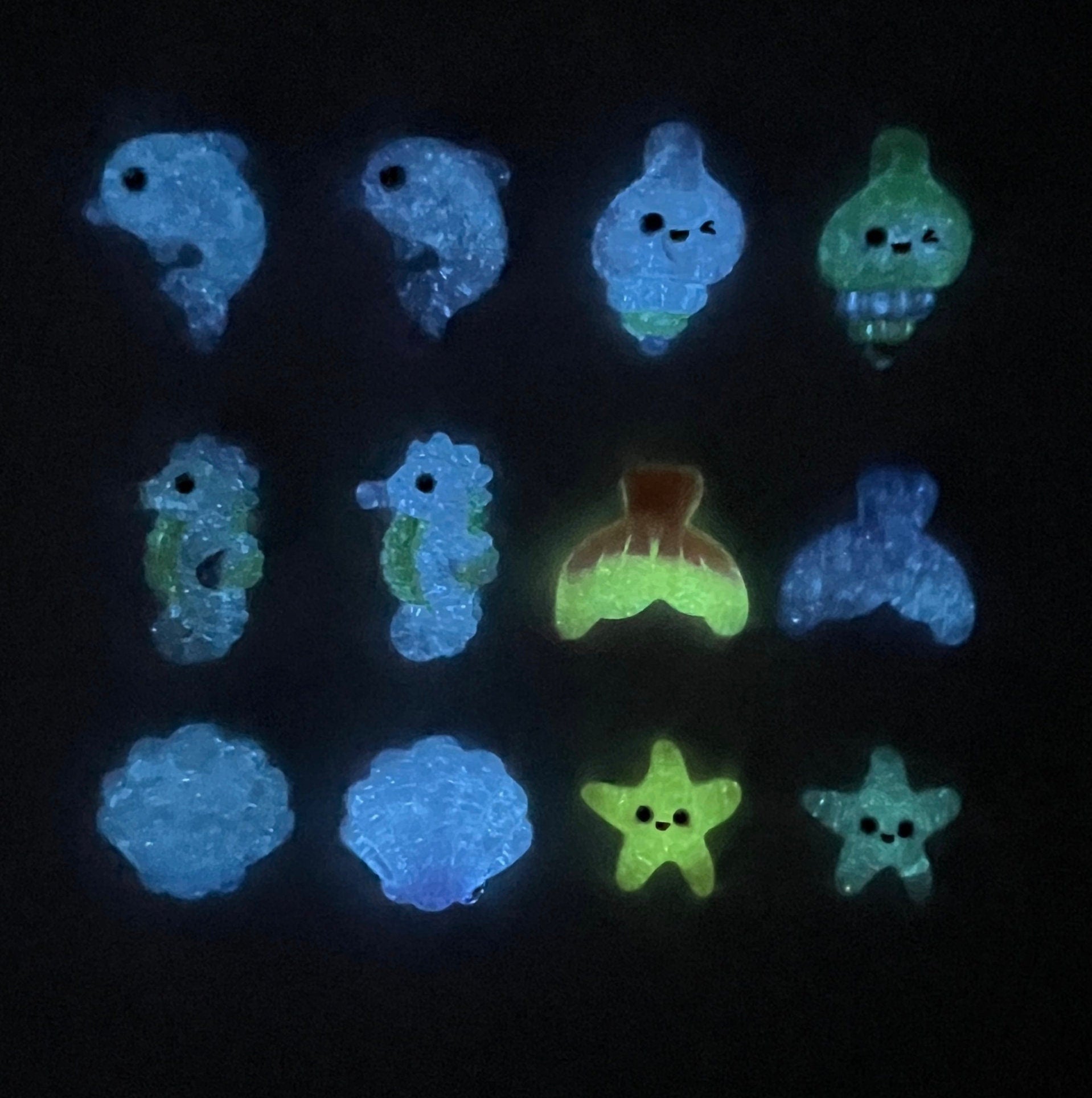 Glow-in-the-Dark Ocean Animals, Marine Life Themed 3D Nail Art Charms (Seashell, Dolphin, Mermaid Tail, Starfish, Conch, Seahorse)