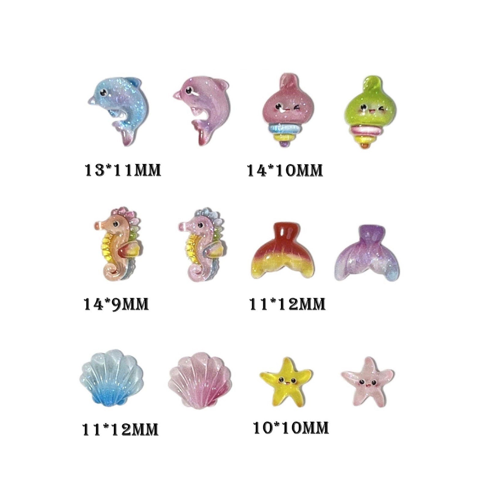 Glow-in-the-Dark Ocean Animals, Marine Life Themed 3D Nail Art Charms (Seashell, Dolphin, Mermaid Tail, Starfish, Conch, Seahorse)