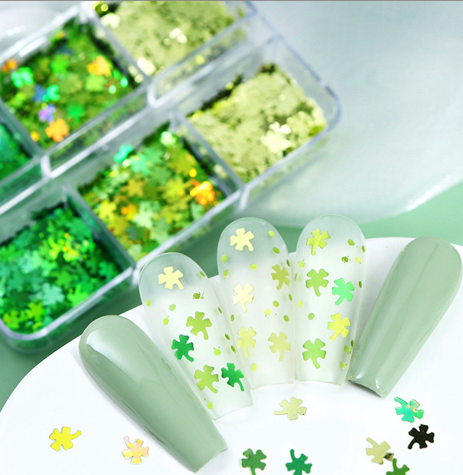 Green Lucky Clover, St Patricks Day Themed Glitter Flake Set