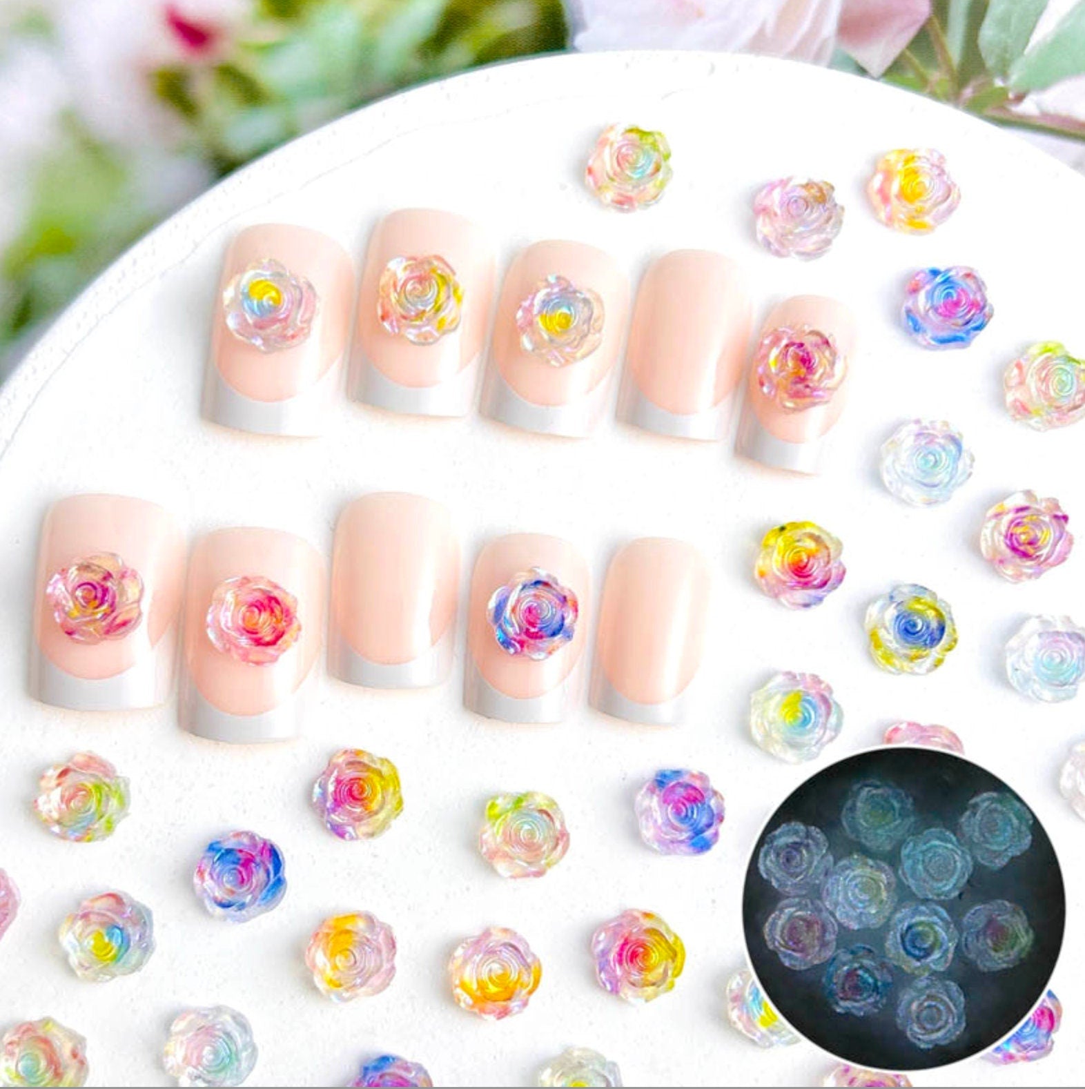 Translucent Gradient Colored Glow-in-the-Dark Roses, Floral Themed 3D Nail Art Charms, Decoden, DIY Supplies, Mini Cabochon