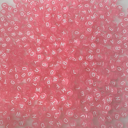 Translucent Light Pink, White Letter, A-Z Alphabet Individual Acrylic Flat Round Beads (7MM)