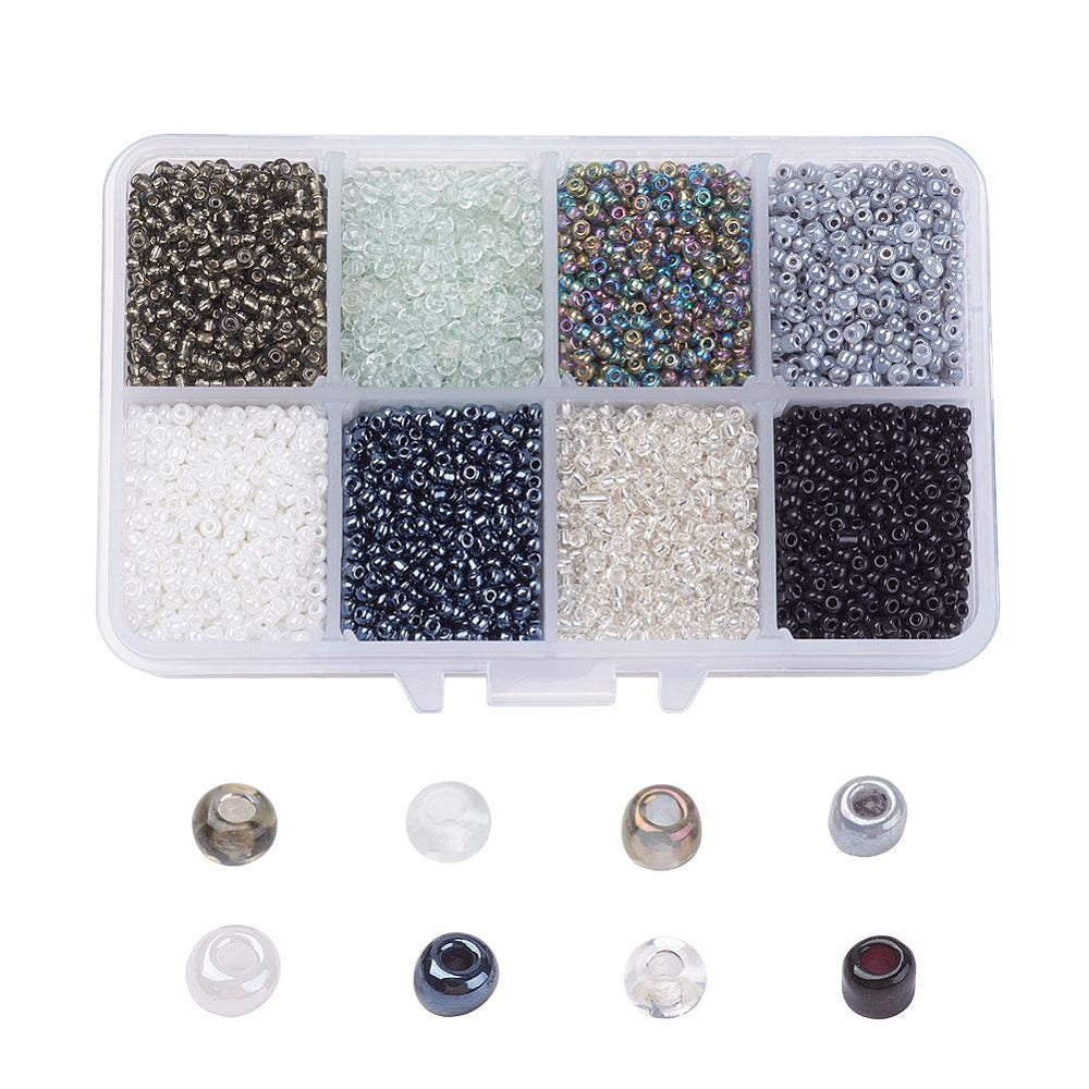 8 Black and White 12/0 Glass Seed Bead Set (2mm, 12500 pieces)