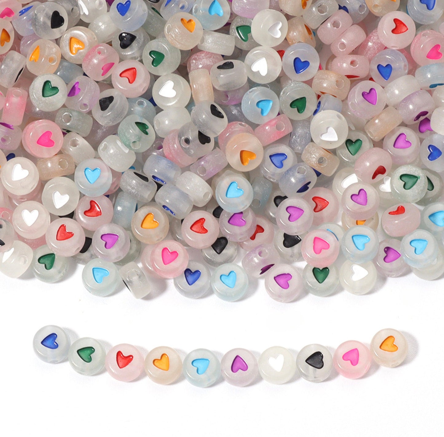 7MM Glow-in-the-Dark Mixed Color Acrylic Flat Round Heart Beads