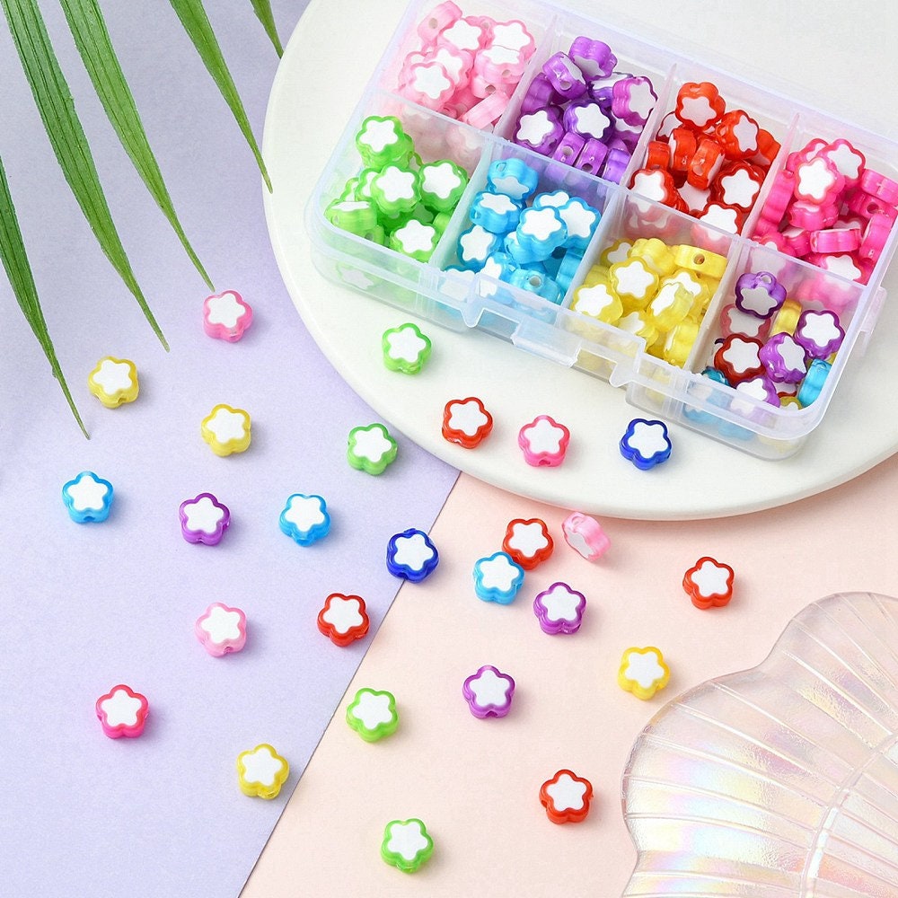 Mixed Color Acrylic Flower Bead Set (200 pcs, 25 pieces per color)