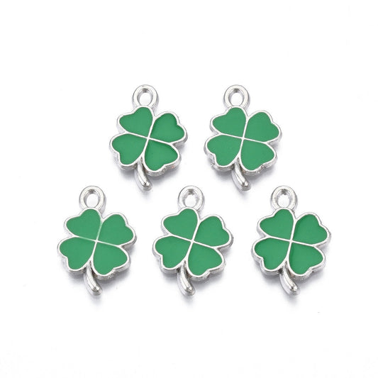 19MM x 13MM Four Leaf Clover, Floral Themed Enamel Charm