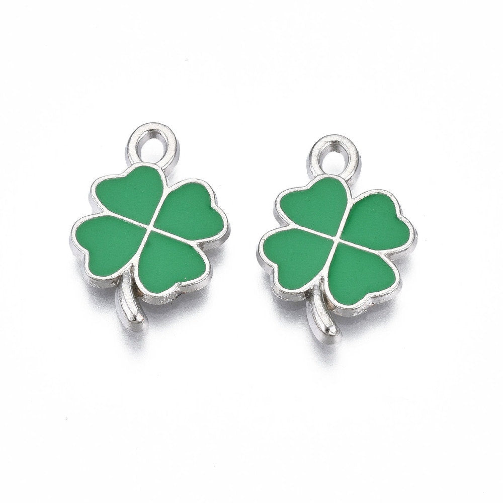 19MM x 13MM Four Leaf Clover, Floral Themed Enamel Charm