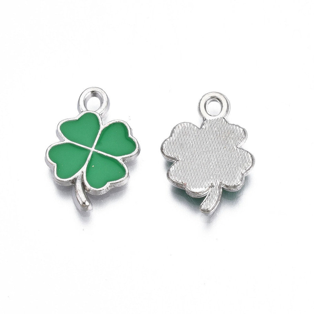 19MM x 13MM Four Leaf Clover, Floral Themed Enamel Charm