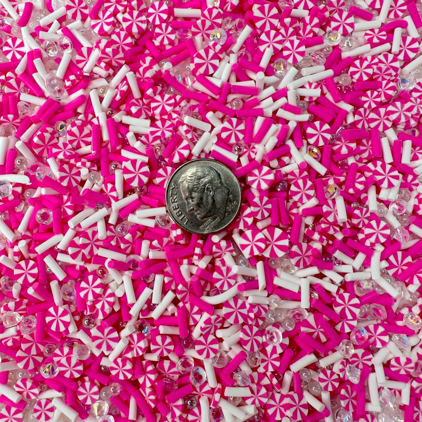 FAKE Hot Pink Peppermint with Rhinestones Polymer Clay Sprinkle Mix (NOT EDIBLE)