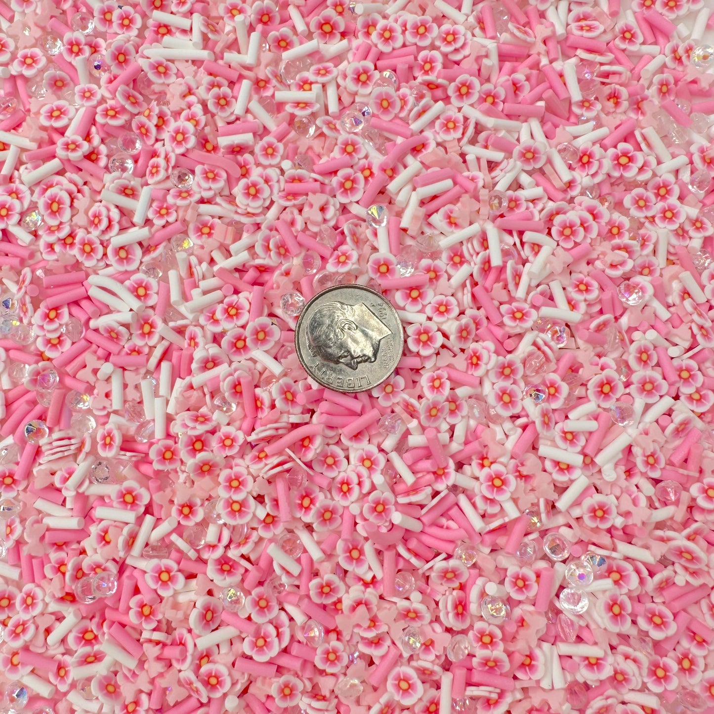 FAKE Pink Sakura Flower Mix with Rhinesone Polymer Clay Sprinkle (NOT EDIBLE)