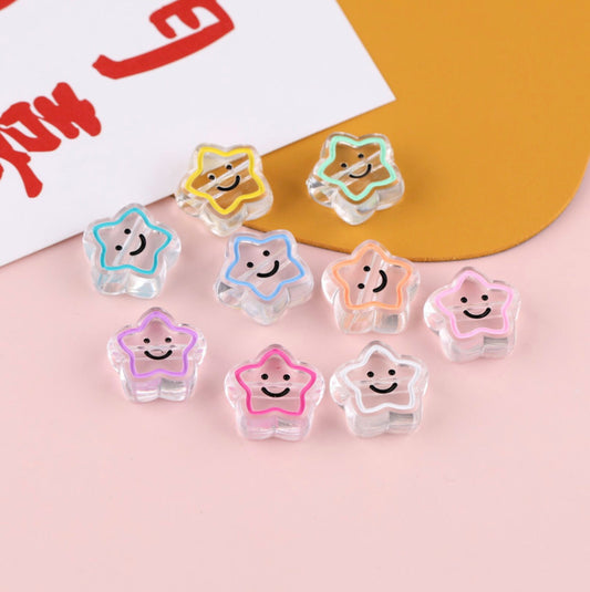 Transparent Mixed Color Star Outline with Smiley Flower Enamel Acrylic Bead (18mm x 12mm x 7mm; 3mm hole)