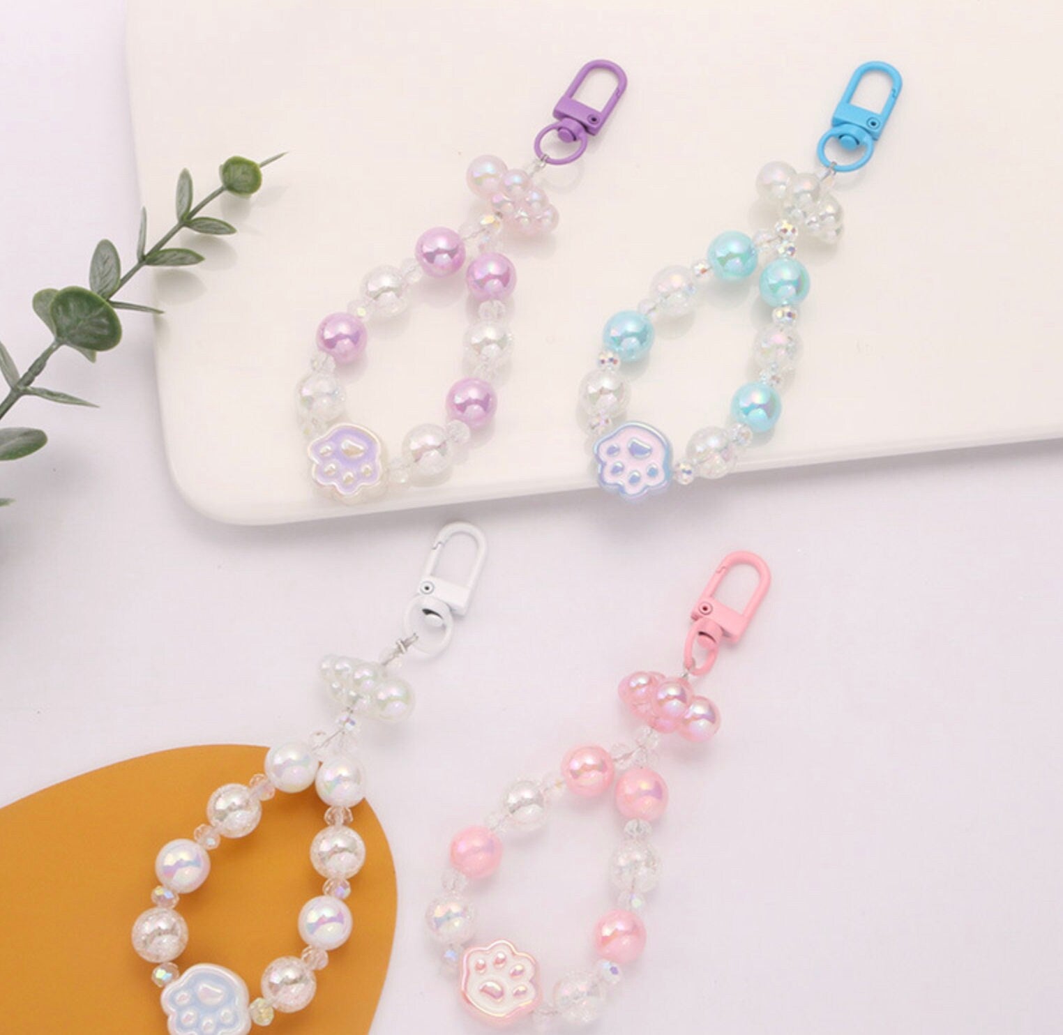 Cute Acrylic Round Bead Strand with Iridescent Paws, Animal Themed Bead Keychain, Key ring, Phone Lanyard