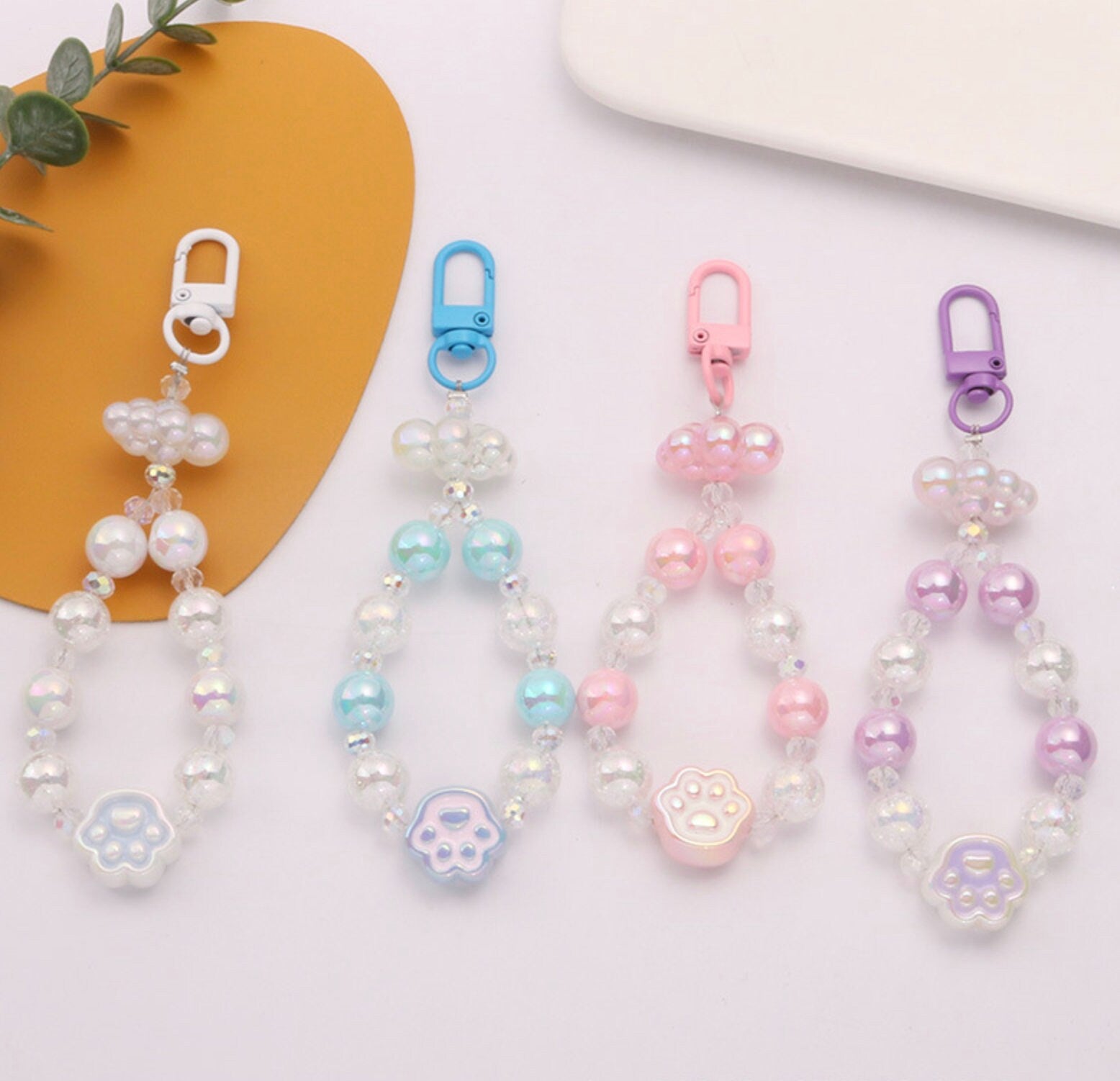 Cute Acrylic Round Bead Strand with Iridescent Paws, Animal Themed Bead Keychain, Key ring, Phone Lanyard