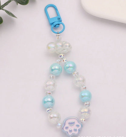 Cute Acrylic Round Bead Strand with Iridescent Paws, Animal Themed Bead Keychain, Key ring, Phone Lanyard