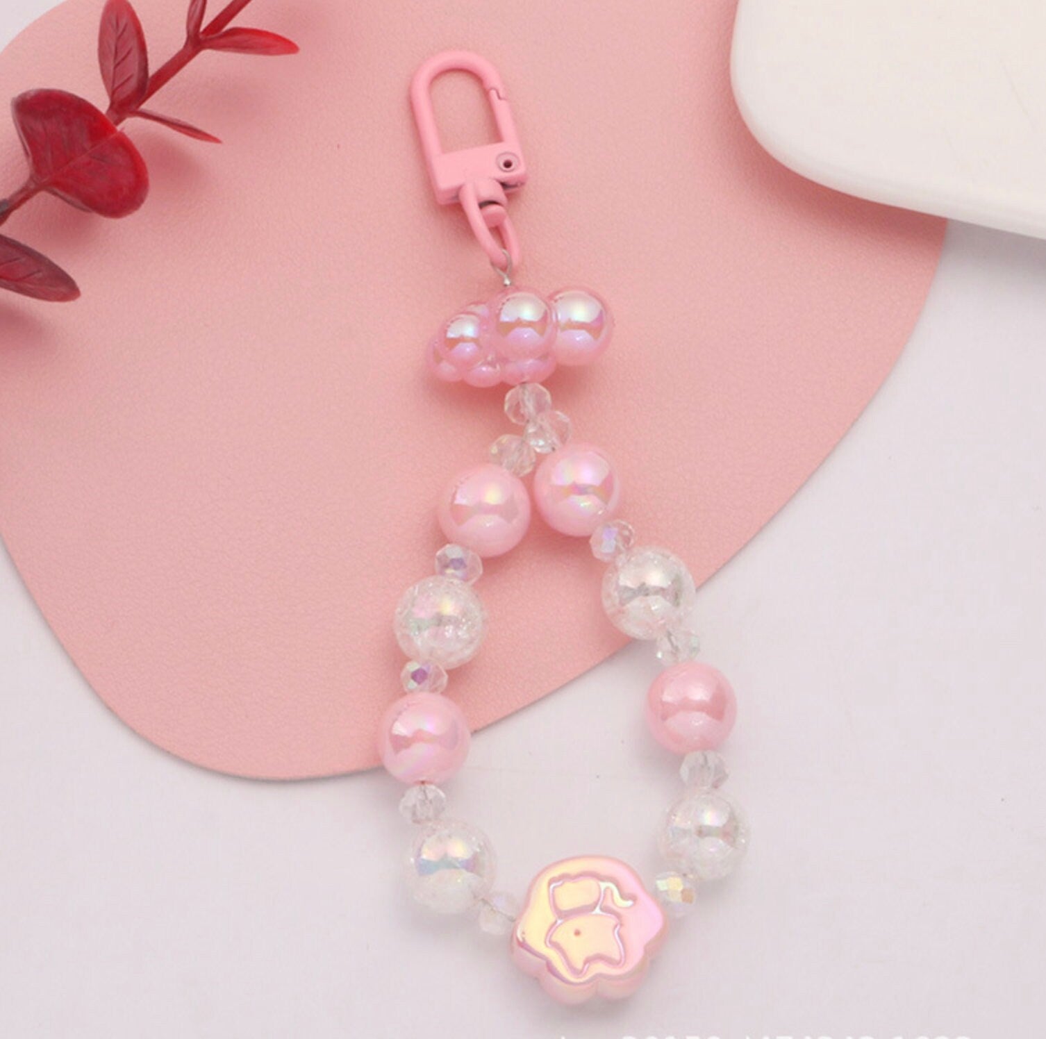 Cute Acrylic Round Bead Strand with Iridescent Paws, Animal Themed Bead Keychain, Key ring, Phone Lanyard