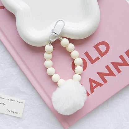 Simple Matte Bead Strand with Fluffy Pompom Themed Keychain, Keyring, Lanyard, Phone Accessories