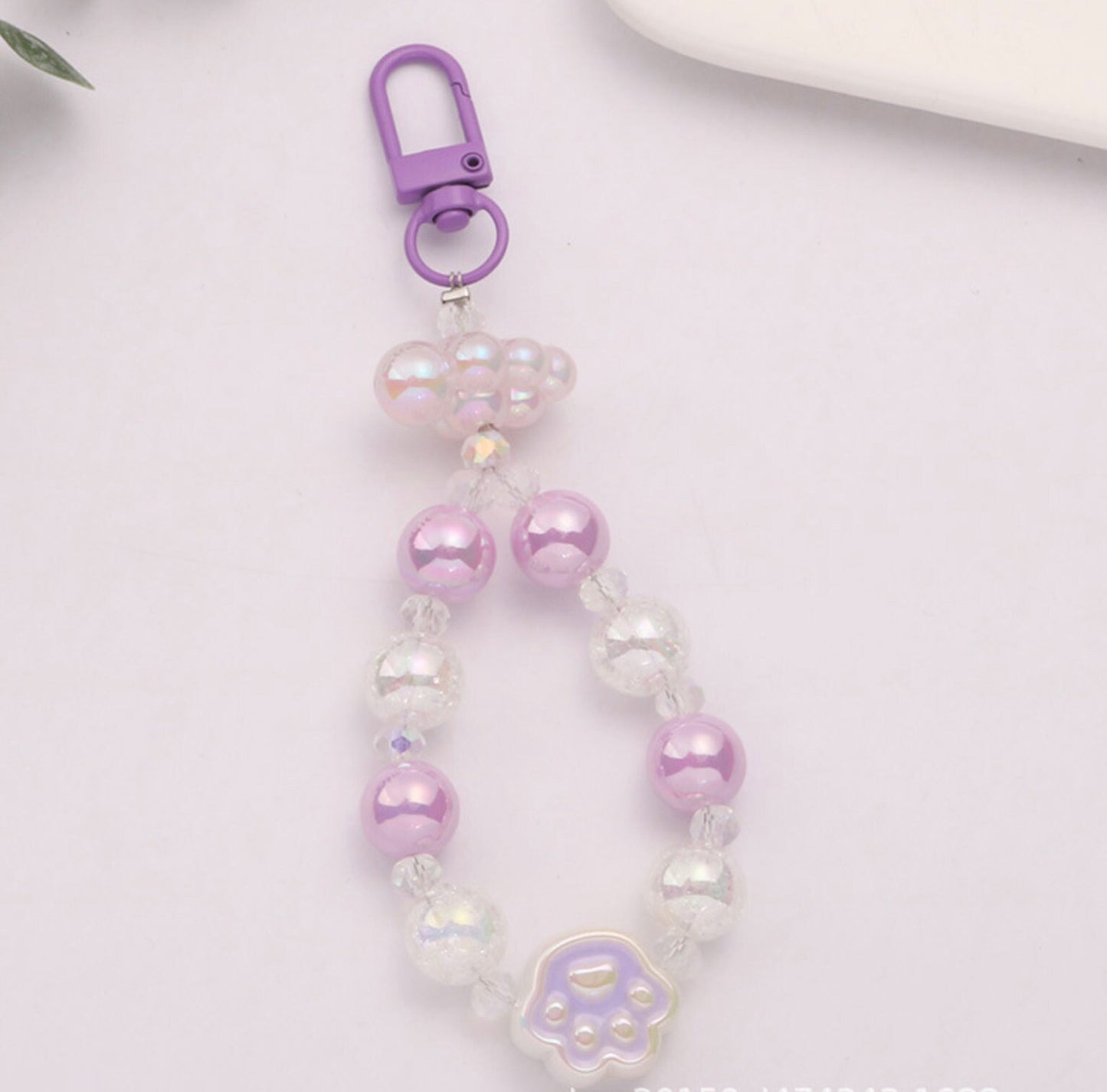 Cute Acrylic Round Bead Strand with Iridescent Paws, Animal Themed Bead Keychain, Key ring, Phone Lanyard