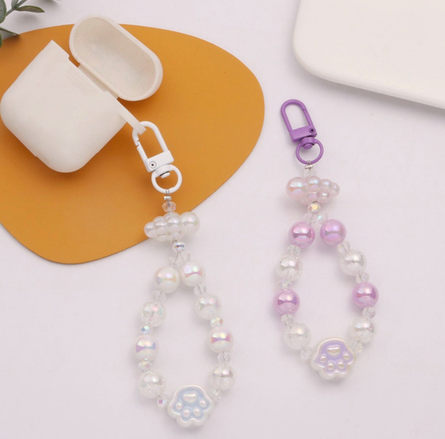 Cute Acrylic Round Bead Strand with Iridescent Paws, Animal Themed Bead Keychain, Key ring, Phone Lanyard